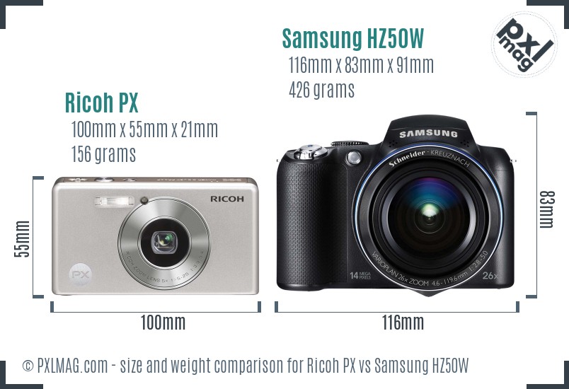 Ricoh PX vs Samsung HZ50W size comparison