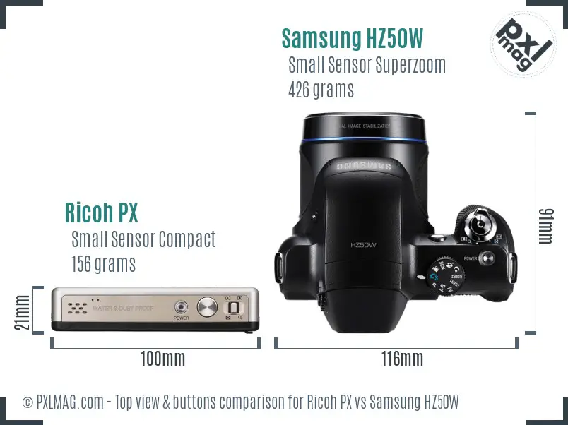 Ricoh PX vs Samsung HZ50W top view buttons comparison