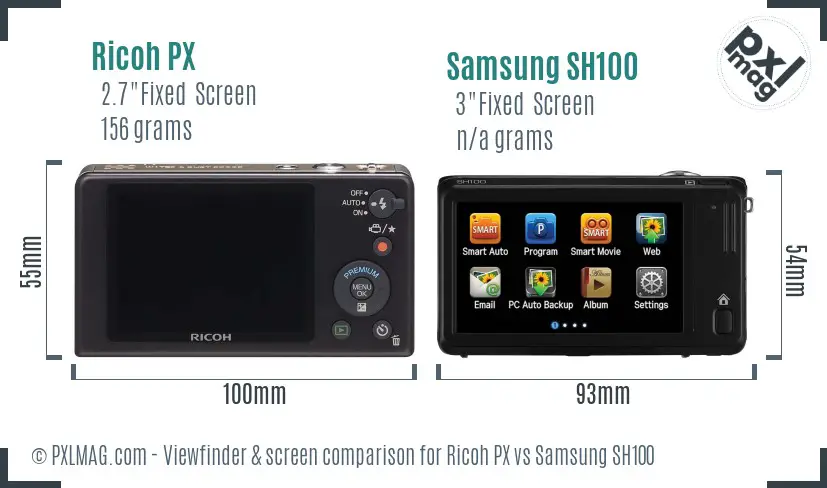 Ricoh PX vs Samsung SH100 Screen and Viewfinder comparison