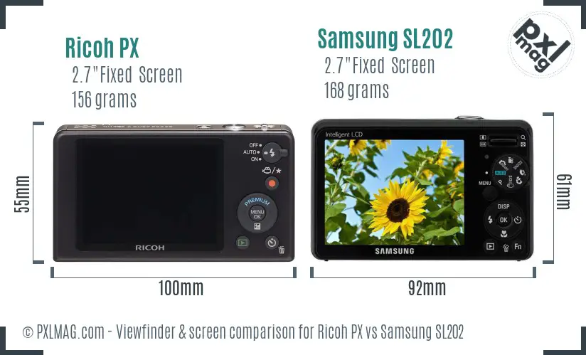 Ricoh PX vs Samsung SL202 Screen and Viewfinder comparison