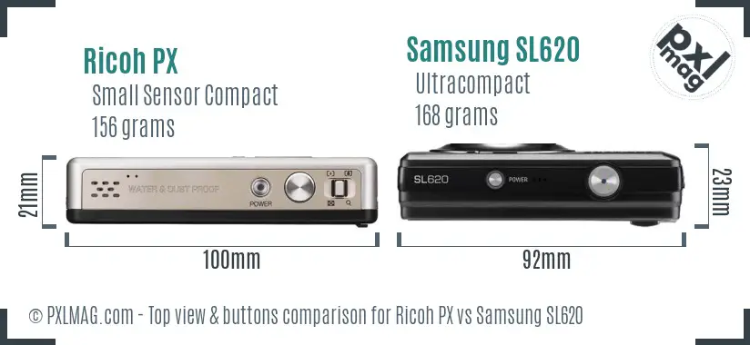 Ricoh PX vs Samsung SL620 top view buttons comparison