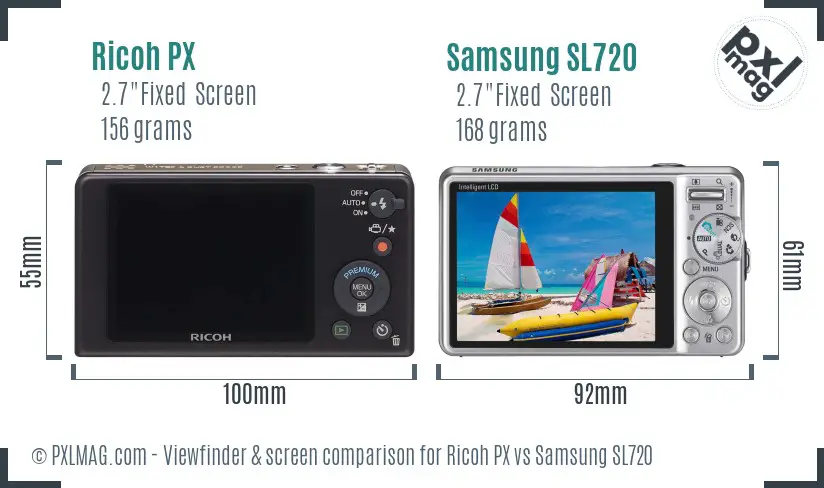 Ricoh PX vs Samsung SL720 Screen and Viewfinder comparison