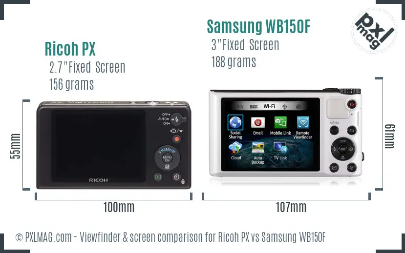 Ricoh PX vs Samsung WB150F Screen and Viewfinder comparison