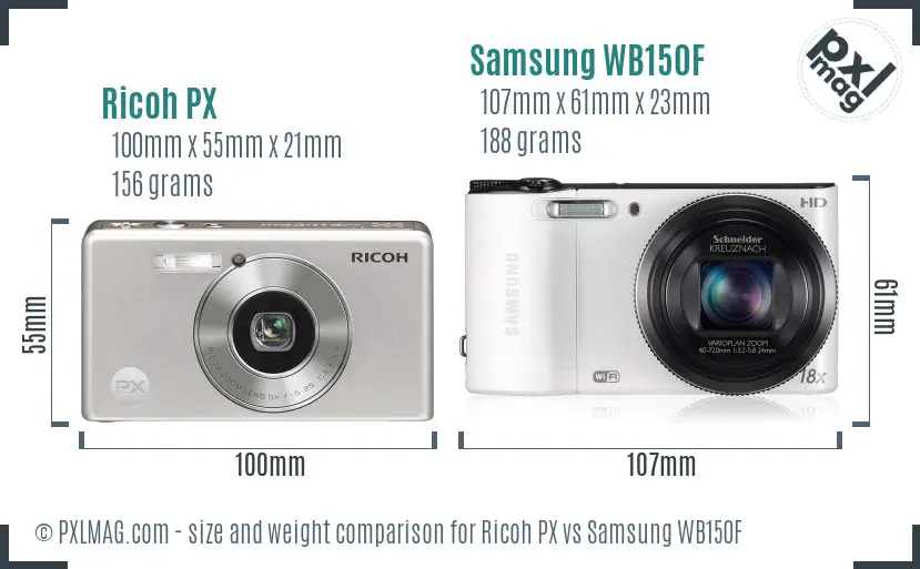 Ricoh PX vs Samsung WB150F size comparison