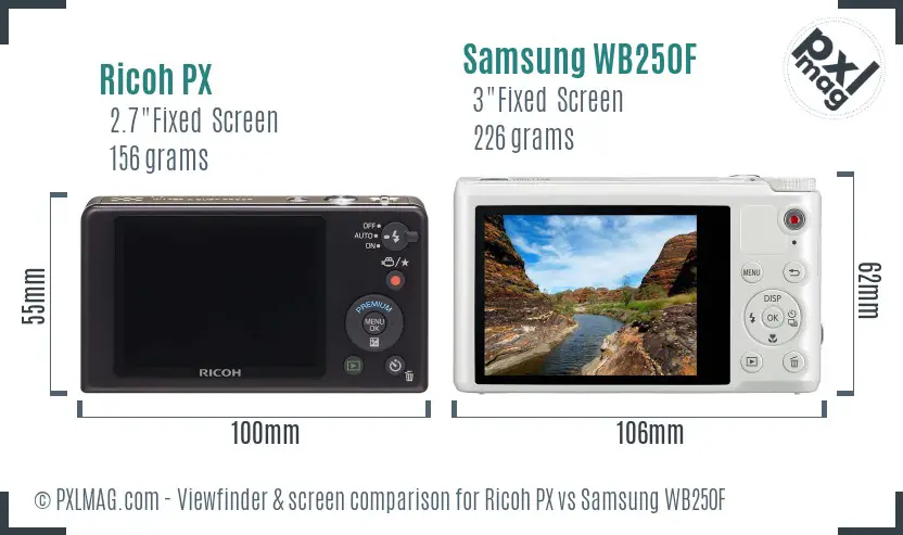 Ricoh PX vs Samsung WB250F Screen and Viewfinder comparison