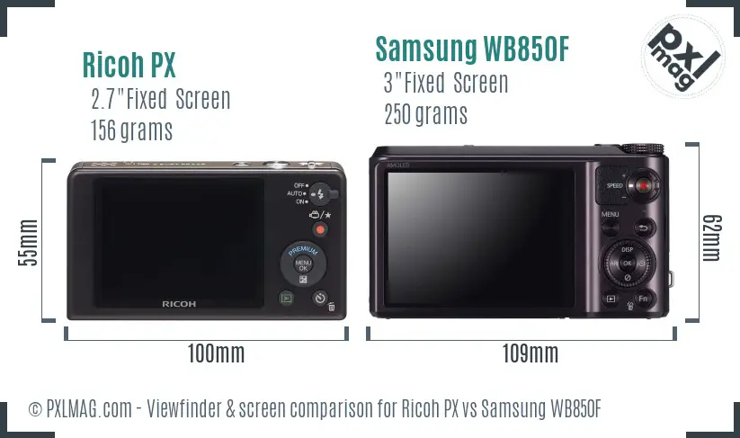 Ricoh PX vs Samsung WB850F Screen and Viewfinder comparison