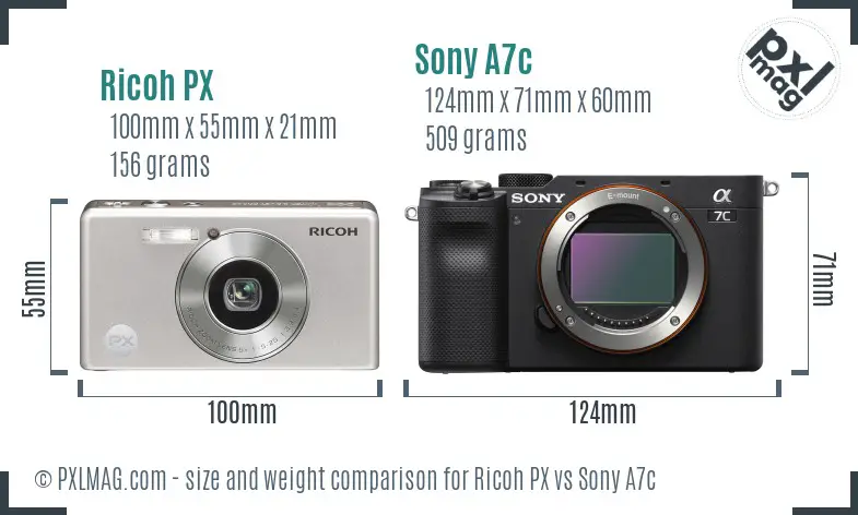 Ricoh PX vs Sony A7c size comparison