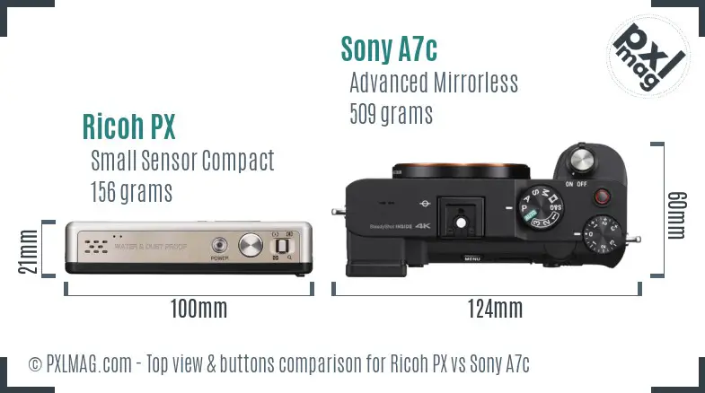 Ricoh PX vs Sony A7c top view buttons comparison