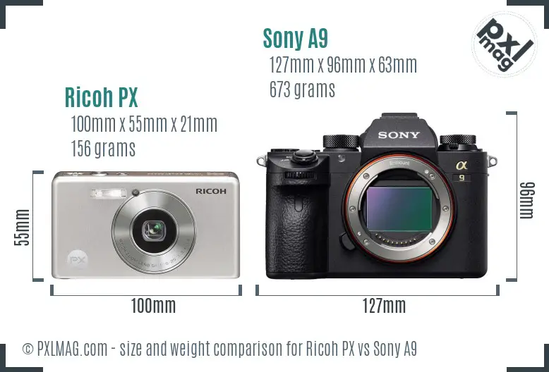 Ricoh PX vs Sony A9 size comparison