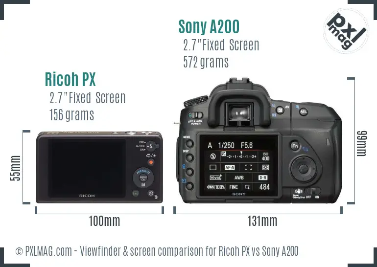 Ricoh PX vs Sony A200 Screen and Viewfinder comparison