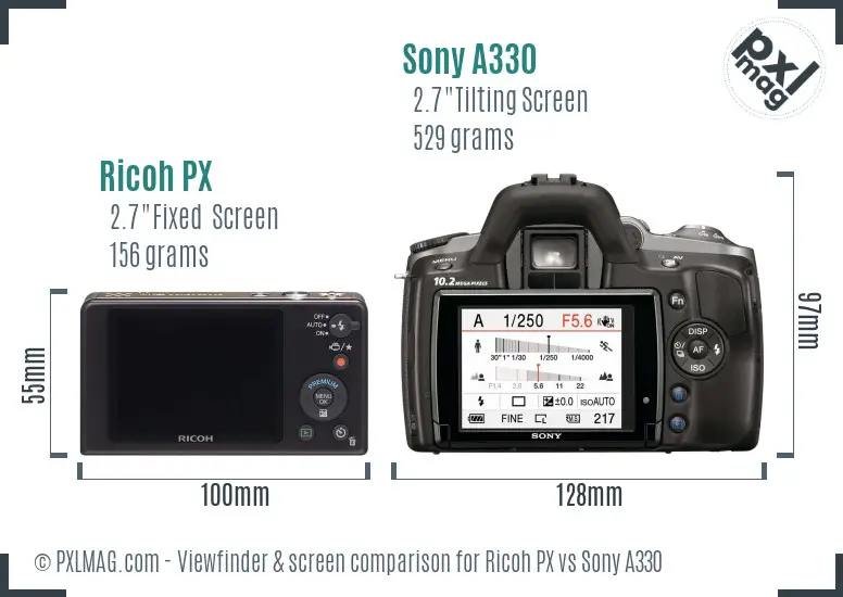 Ricoh PX vs Sony A330 Screen and Viewfinder comparison