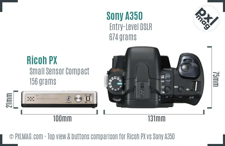 Ricoh PX vs Sony A350 top view buttons comparison