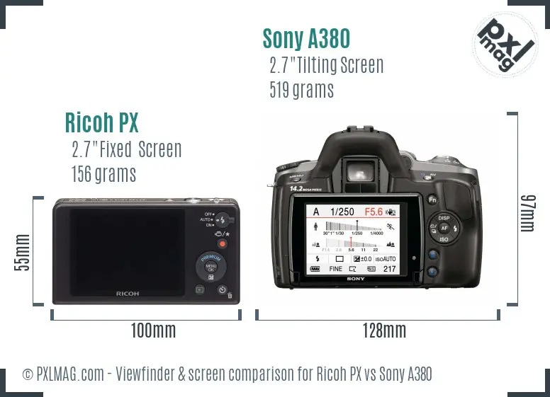 Ricoh PX vs Sony A380 Screen and Viewfinder comparison