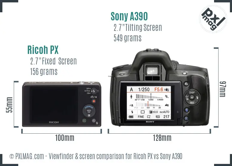 Ricoh PX vs Sony A390 Screen and Viewfinder comparison