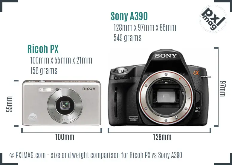 Ricoh PX vs Sony A390 size comparison