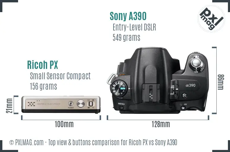 Ricoh PX vs Sony A390 top view buttons comparison