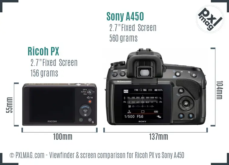Ricoh PX vs Sony A450 Screen and Viewfinder comparison