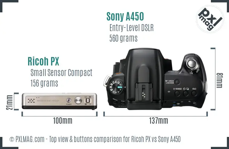 Ricoh PX vs Sony A450 top view buttons comparison