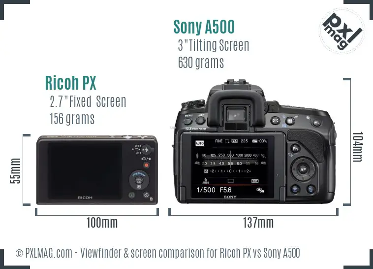 Ricoh PX vs Sony A500 Screen and Viewfinder comparison
