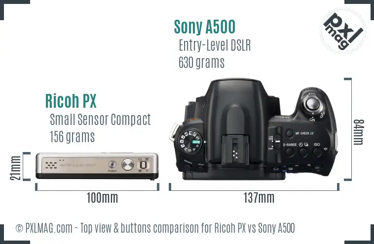 Ricoh PX vs Sony A500 top view buttons comparison