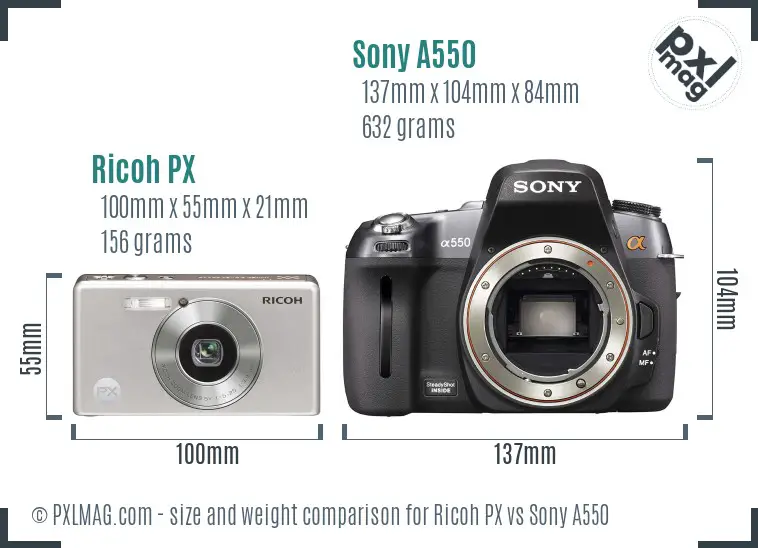 Ricoh PX vs Sony A550 size comparison