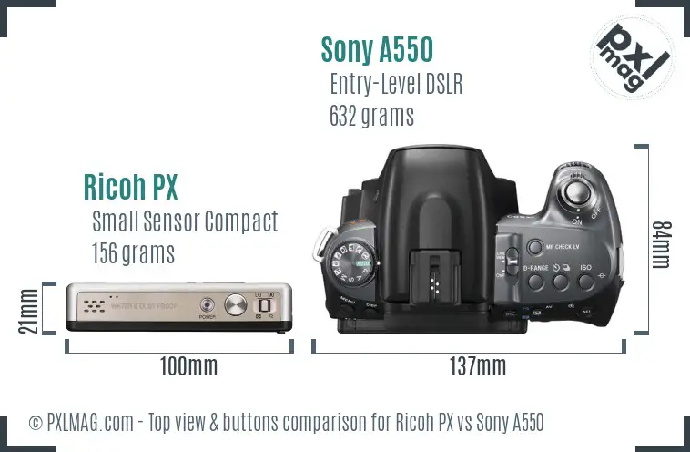 Ricoh PX vs Sony A550 top view buttons comparison