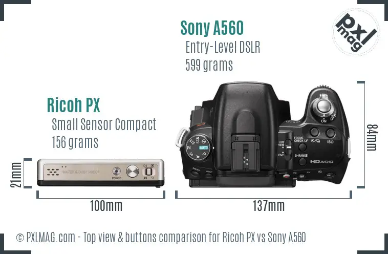 Ricoh PX vs Sony A560 top view buttons comparison