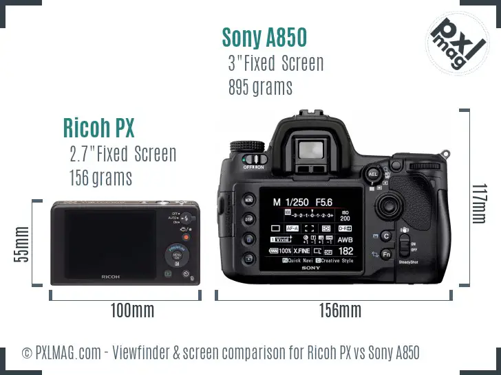 Ricoh PX vs Sony A850 Screen and Viewfinder comparison