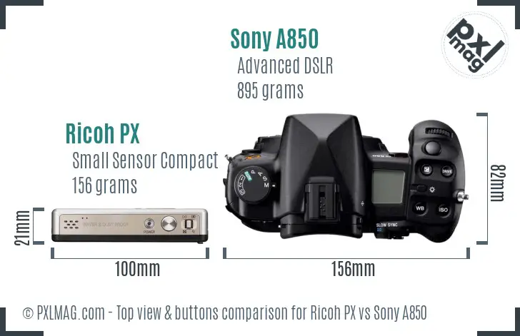 Ricoh PX vs Sony A850 top view buttons comparison