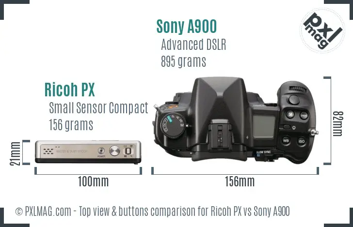 Ricoh PX vs Sony A900 top view buttons comparison Ricoh PX vs Sony A900 top view buttons comparison