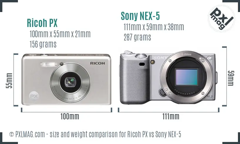 Ricoh PX vs Sony NEX-5 size comparison