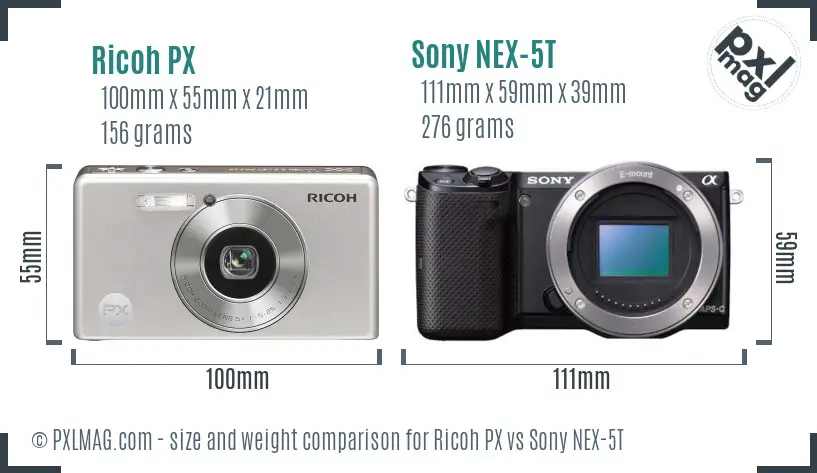 Ricoh PX vs Sony NEX-5T size comparison