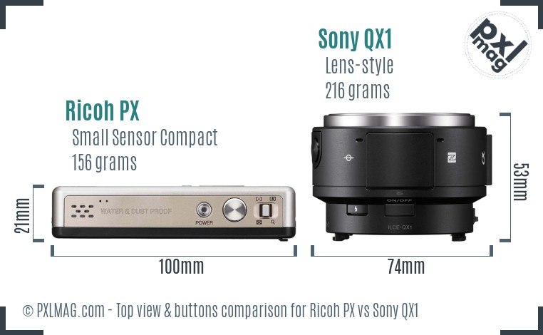 Ricoh PX vs Sony QX1 top view buttons comparison