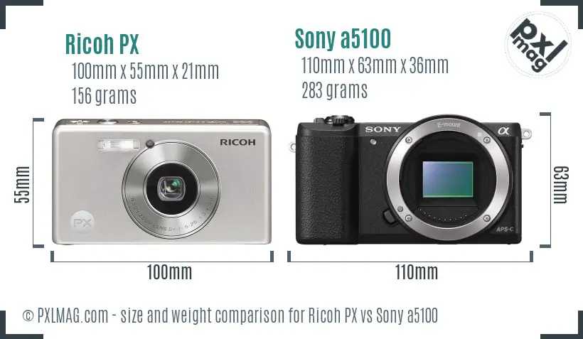 Ricoh PX vs Sony a5100 size comparison