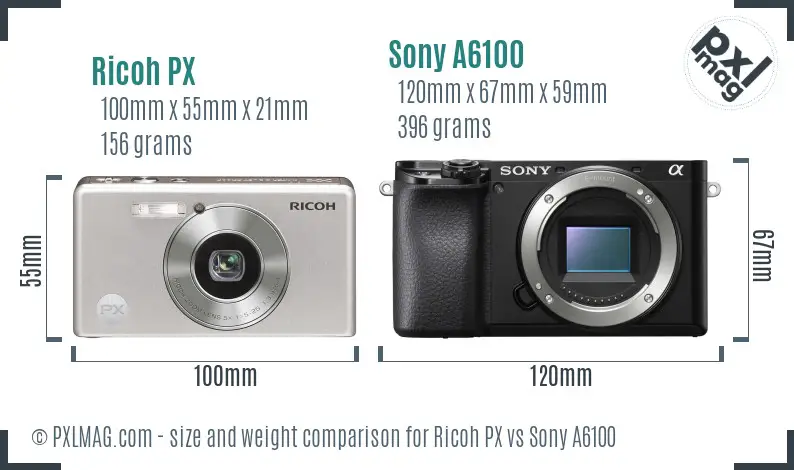 Ricoh PX vs Sony A6100 size comparison