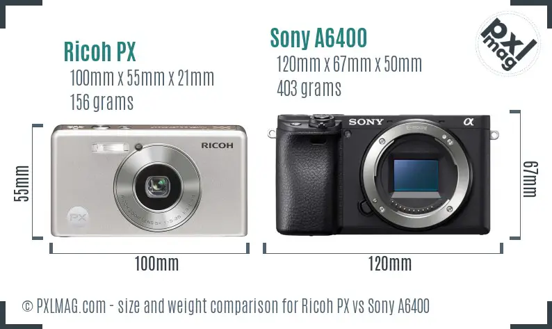 Ricoh PX vs Sony A6400 size comparison