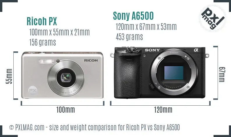 Ricoh PX vs Sony A6500 size comparison