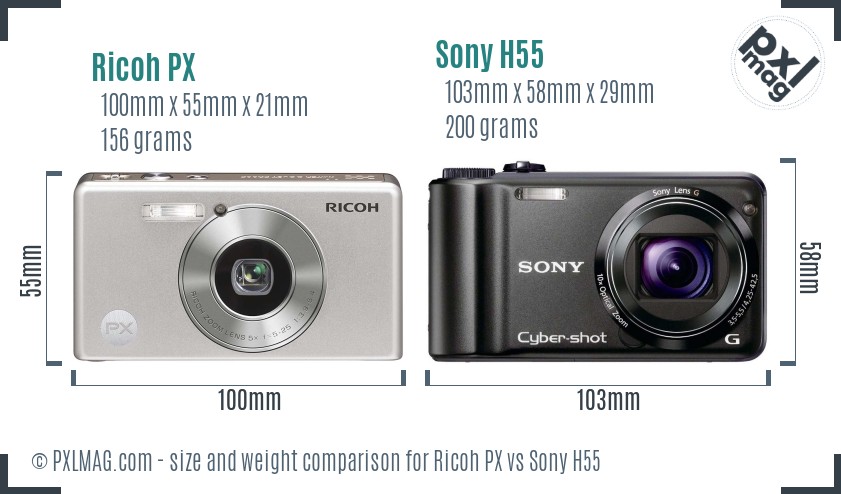 Ricoh PX vs Sony H55 size comparison