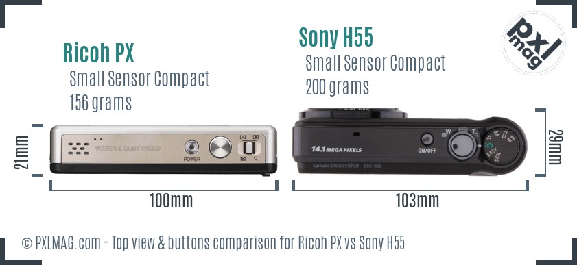 Ricoh PX vs Sony H55 top view buttons comparison