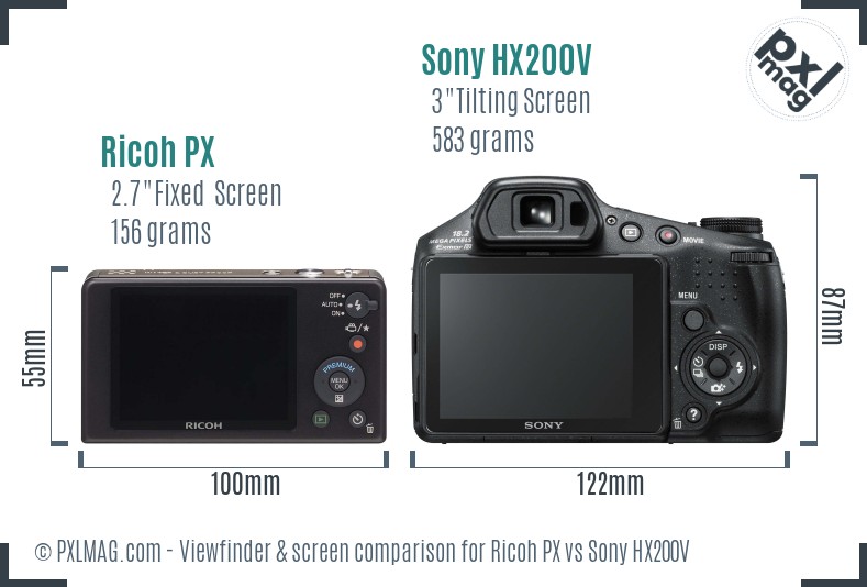 Ricoh PX vs Sony HX200V Screen and Viewfinder comparison