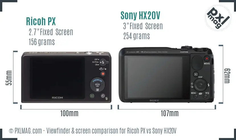 Ricoh PX vs Sony HX20V Screen and Viewfinder comparison