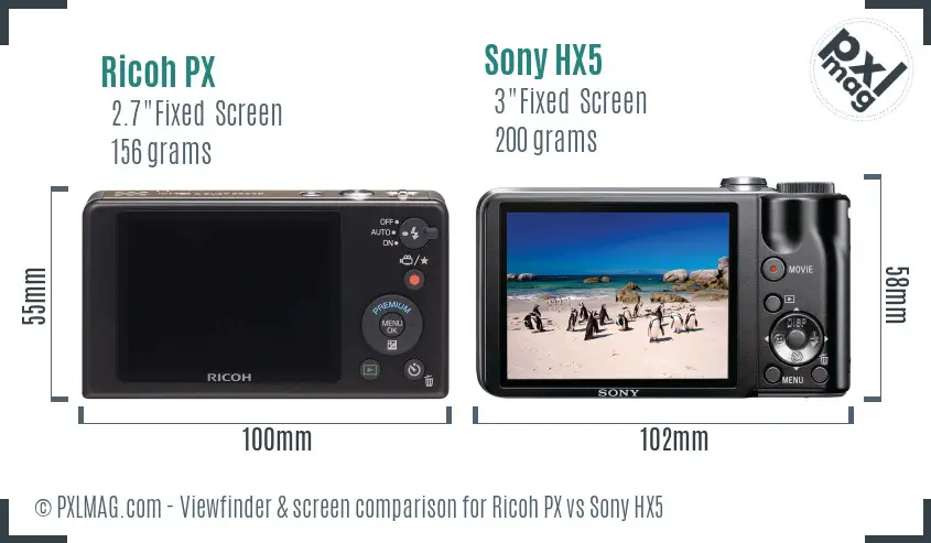Ricoh PX vs Sony HX5 Screen and Viewfinder comparison