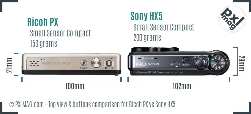 Ricoh PX vs Sony HX5 top view buttons comparison