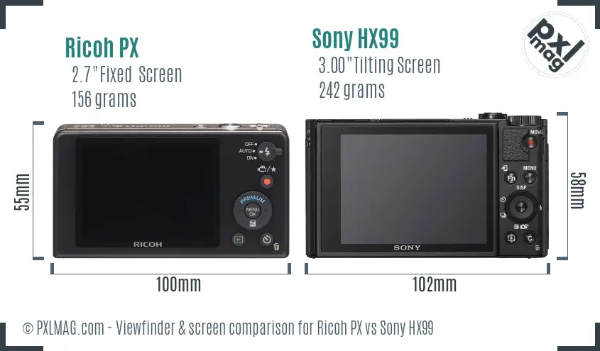Ricoh PX vs Sony HX99 Screen and Viewfinder comparison