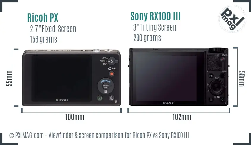 Ricoh PX vs Sony RX100 III Screen and Viewfinder comparison