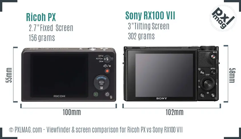 Ricoh PX vs Sony RX100 VII Screen and Viewfinder comparison