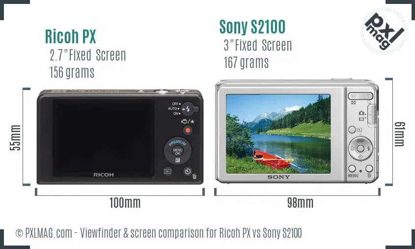 Ricoh PX vs Sony S2100 Screen and Viewfinder comparison