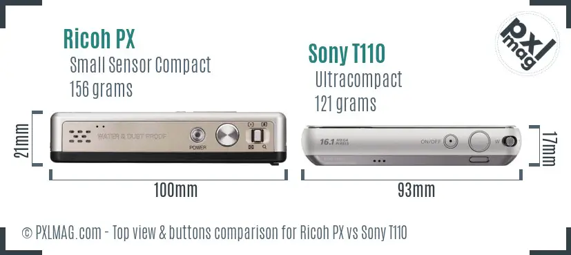 Ricoh PX vs Sony T110 top view buttons comparison