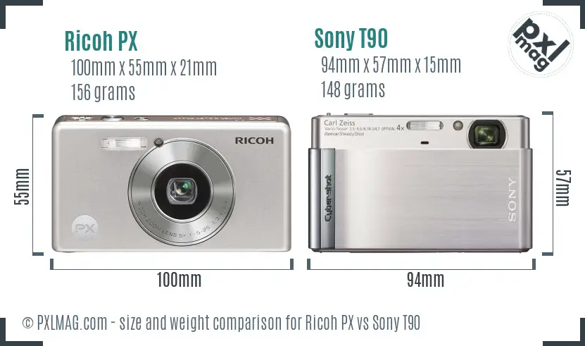 Ricoh PX vs Sony T90 size comparison
