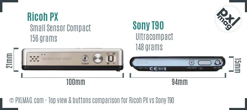 Ricoh PX vs Sony T90 top view buttons comparison